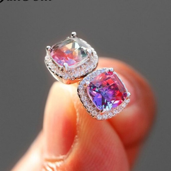 NEW White Gold Rainbow Diamond Halo Stud Earrings - Picture 2 of 5